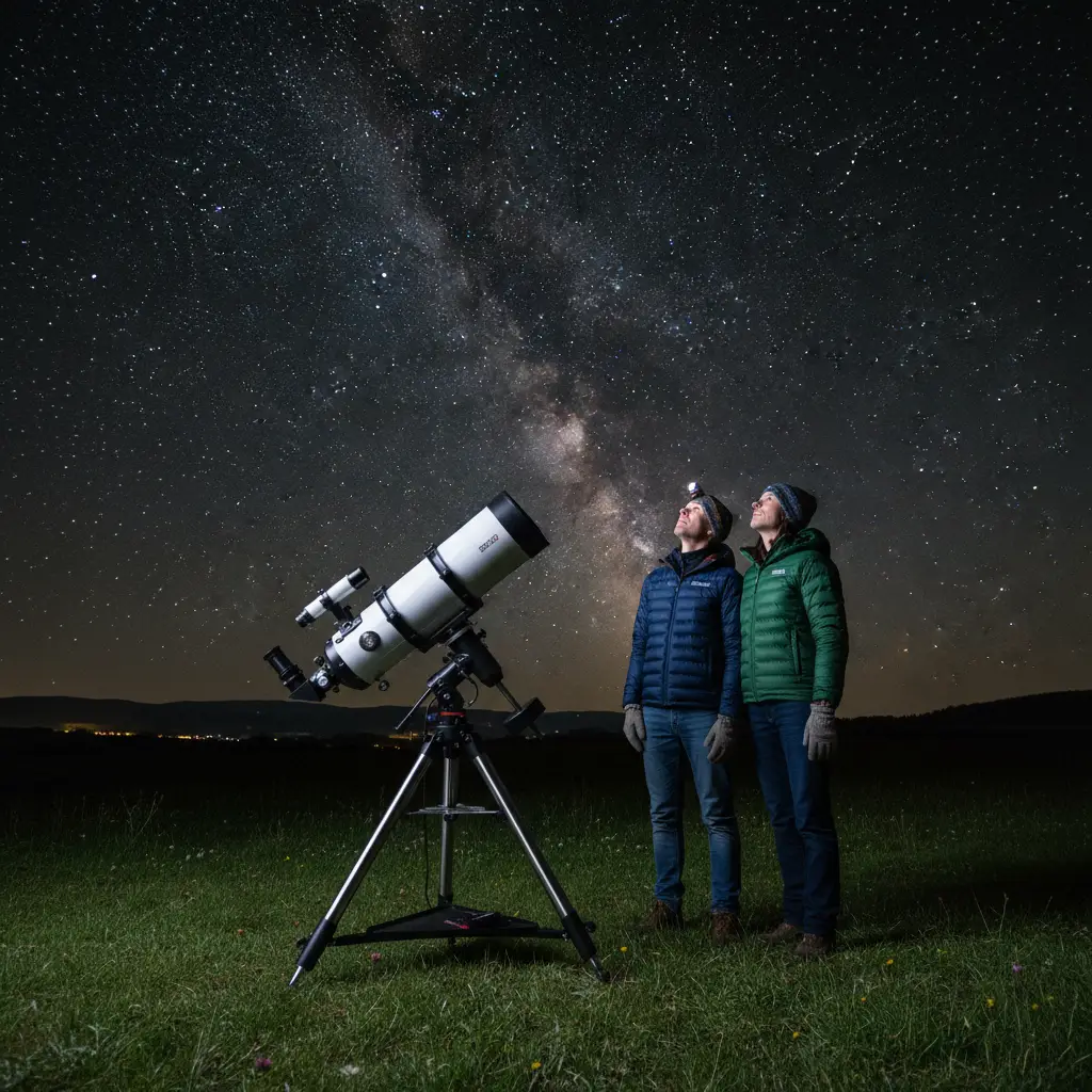 Stargazers using a telescope in New Zealand wearing warm clothing