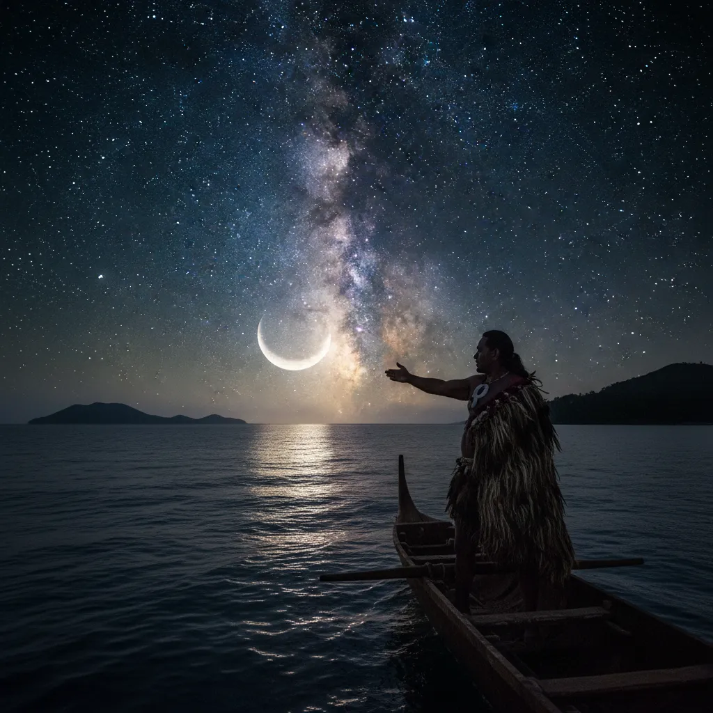 Ancient Māori navigator observing the moon phases for guidance