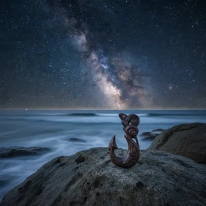 Traditional Maori fishing hook matau under the night sky