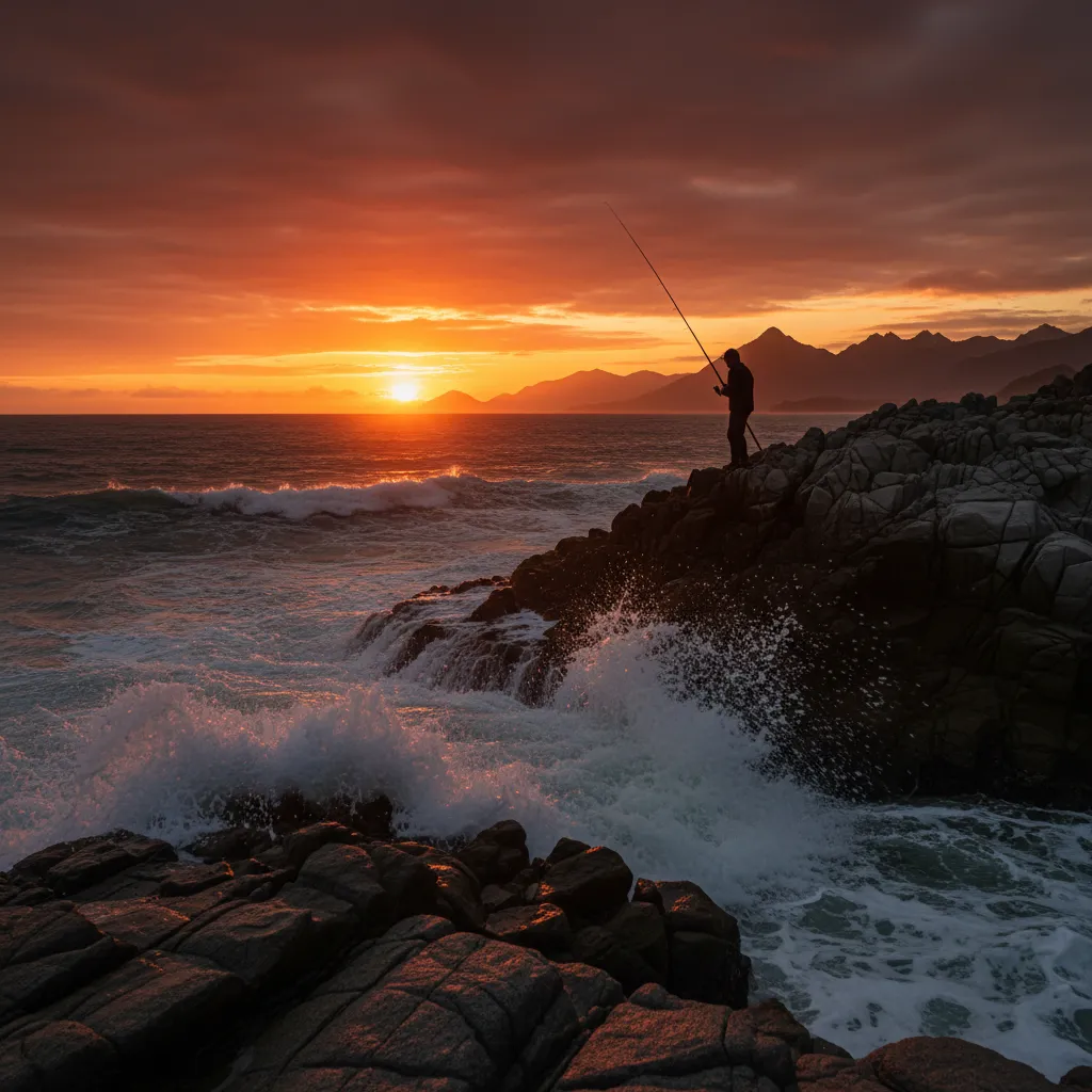 Fisherman on NZ rocky coast at sunset