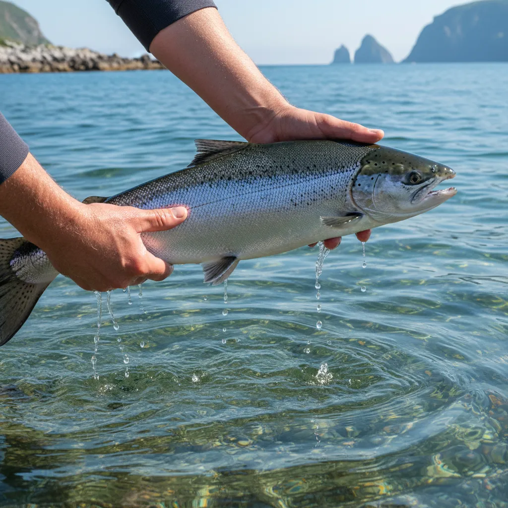 Releasing a fish back into the ocean for sustainability