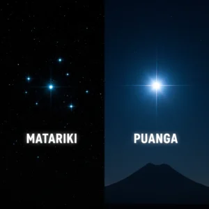 Visual comparison of Matariki cluster and Puanga star above NZ landscape