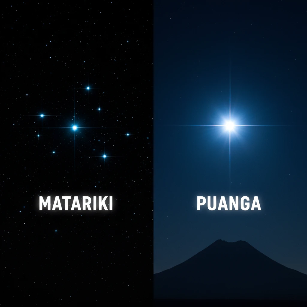 Visual comparison of Matariki cluster and Puanga star above NZ landscape