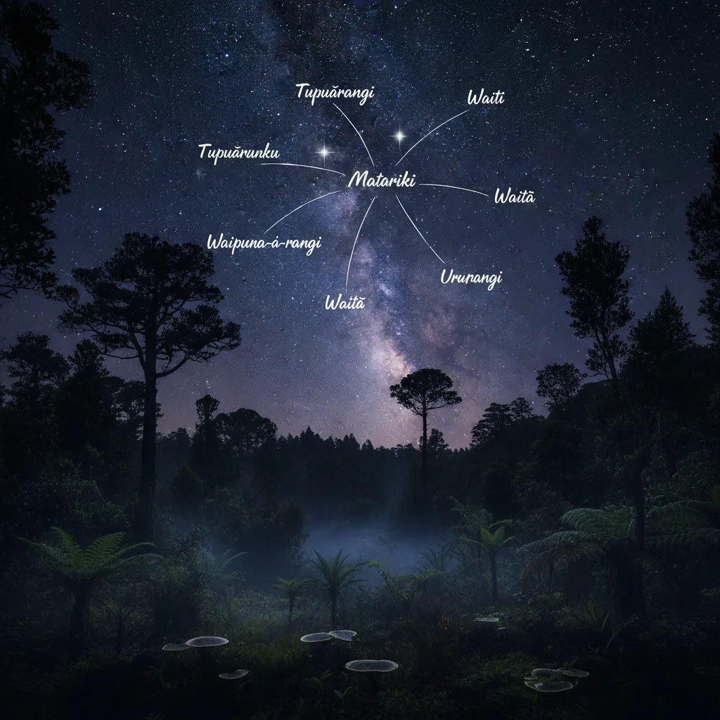 Diagram of the 9 stars of Matariki labeled in the night sky