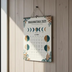 Maramataka Wall Calendar 2025 hanging in a home office
