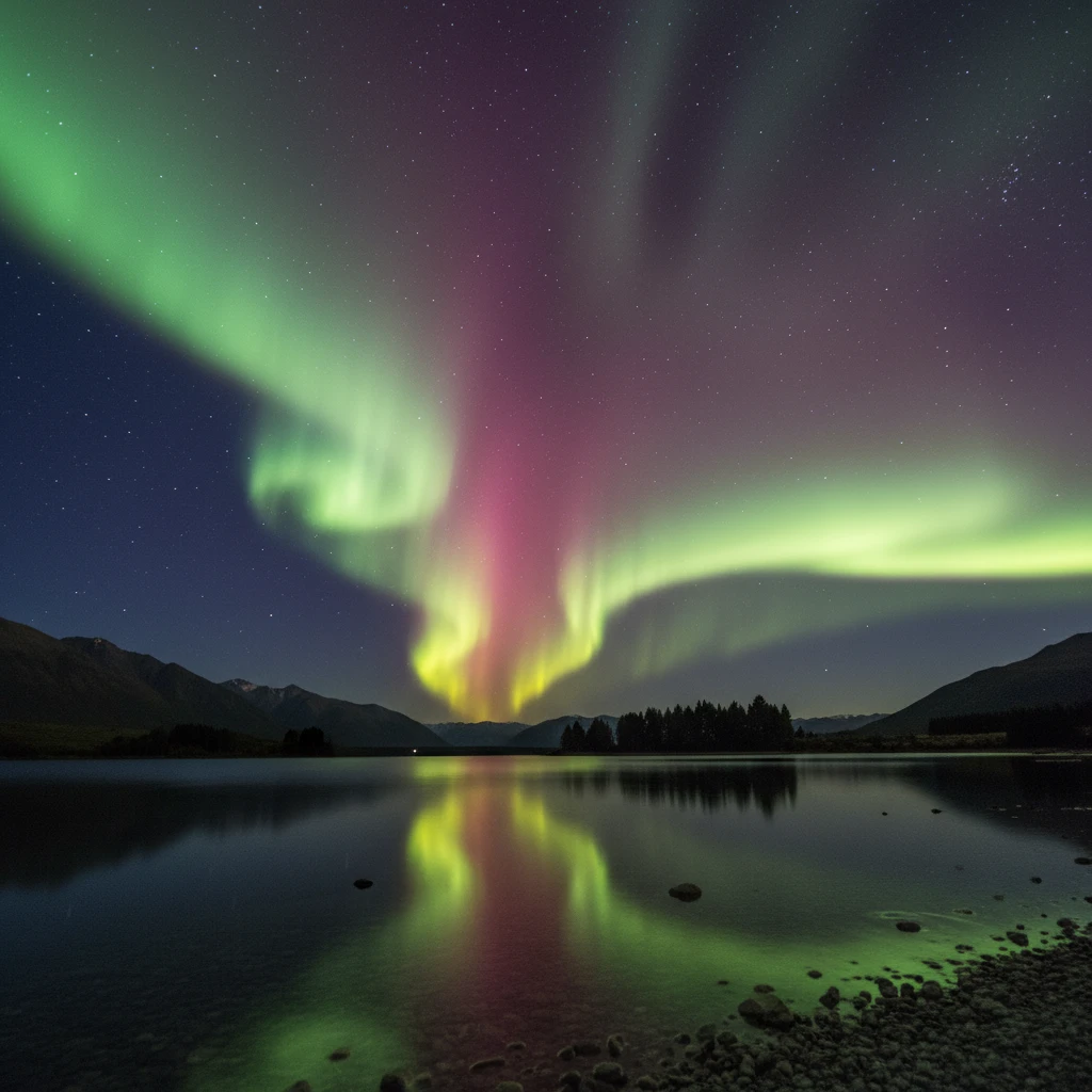 Vibrant Aurora Australis NZ reflection over a lake