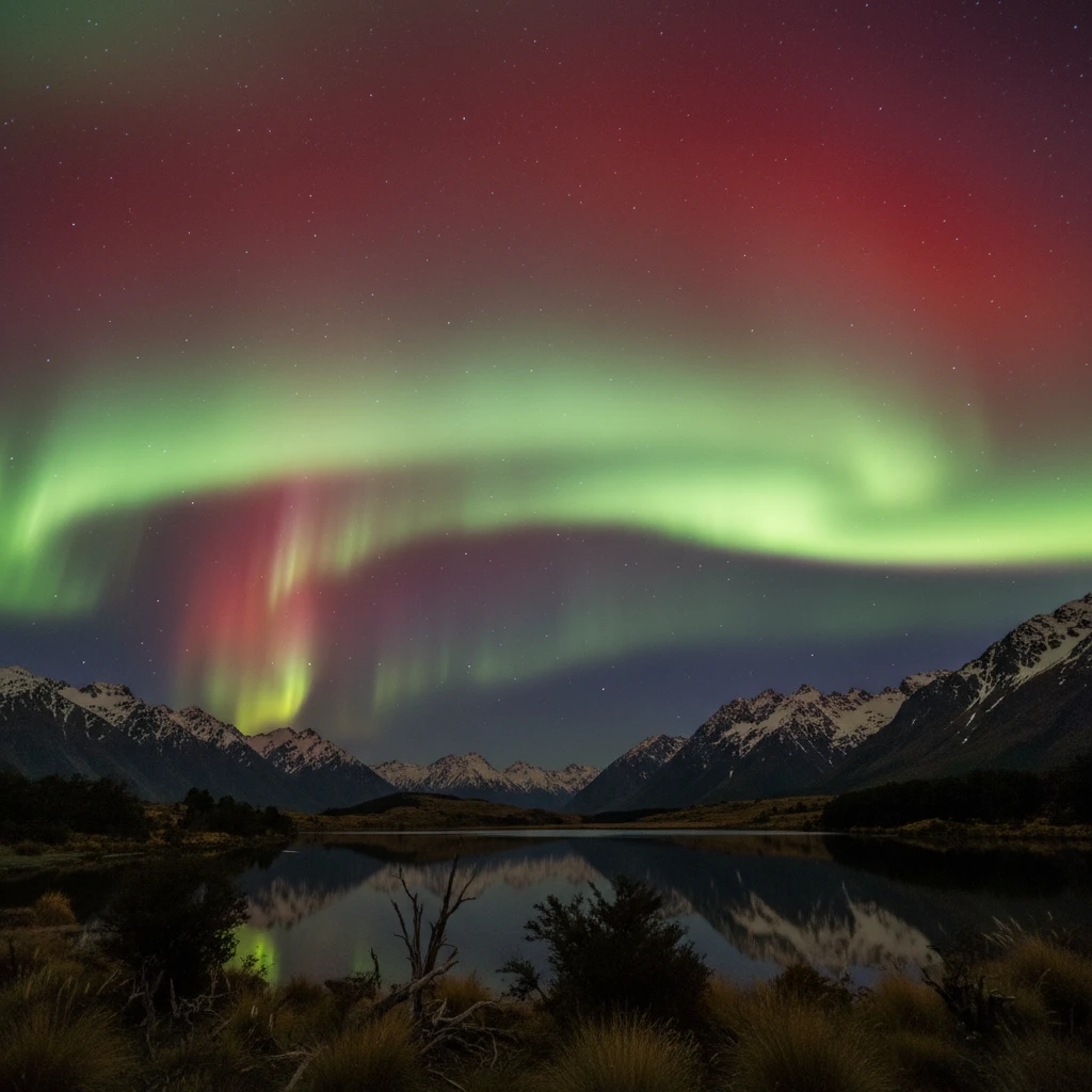 Aurora Australis displaying red, green, and purple color bands