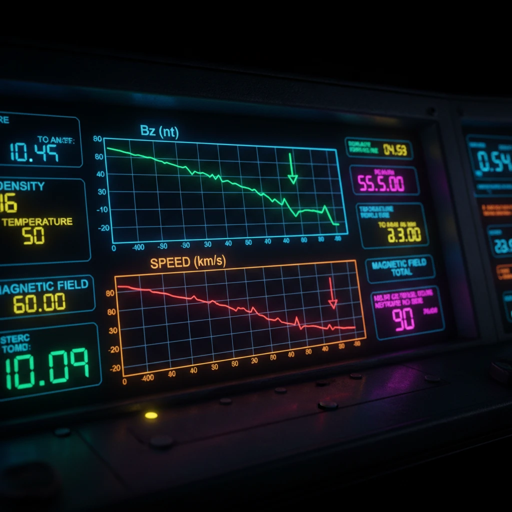 Solar wind data dashboard showing negative Bz