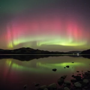 Aurora Australis reflecting over Hoopers Inlet, one of the top aurora spots in Dunedin