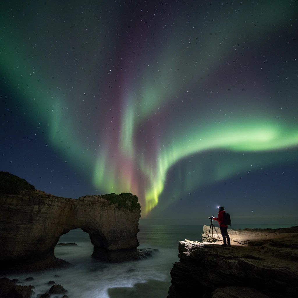 Photographer capturing the aurora at Tunnel Beach, a dramatic aurora spot in Dunedin