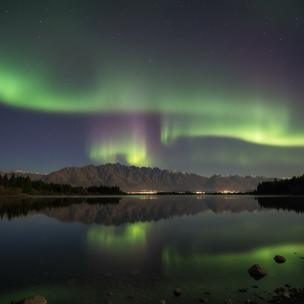 Aurora Australis visible over the mountains at Moke Lake