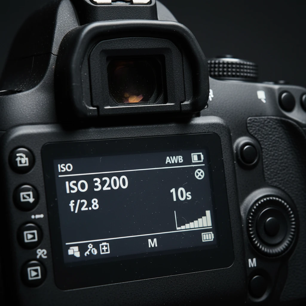 Camera LCD screen showing manual settings for aurora