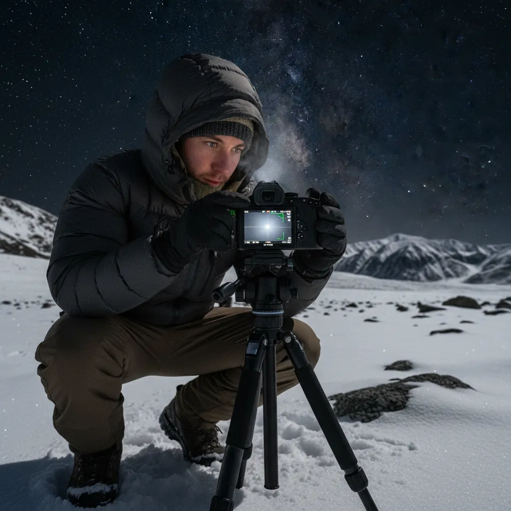 Photographer manually focusing on stars