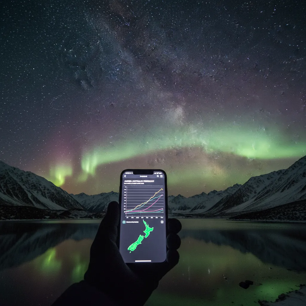 Smartphone displaying aurora forecast metrics against a night sky background