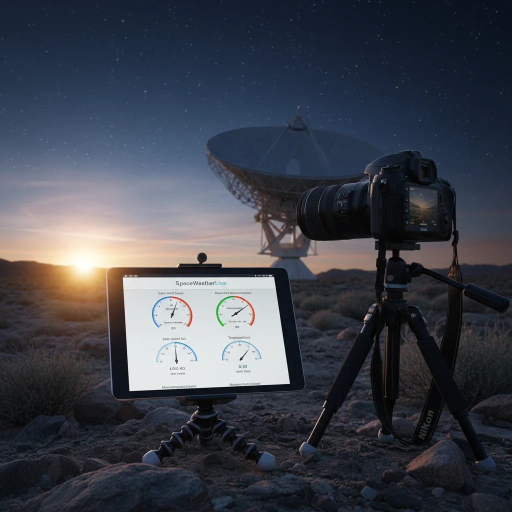 SpaceWeatherLive app interface showing solar wind data on a tablet