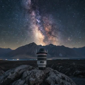 Wide angle camera lens for night sky photography with Milky Way background