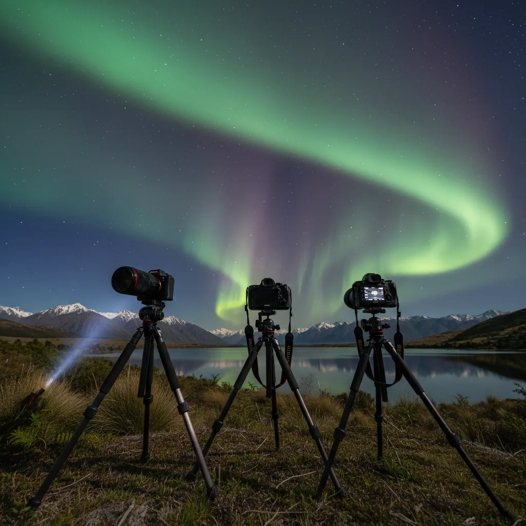 Sony Canon and Nikon cameras set up for astrophotography under the Aurora