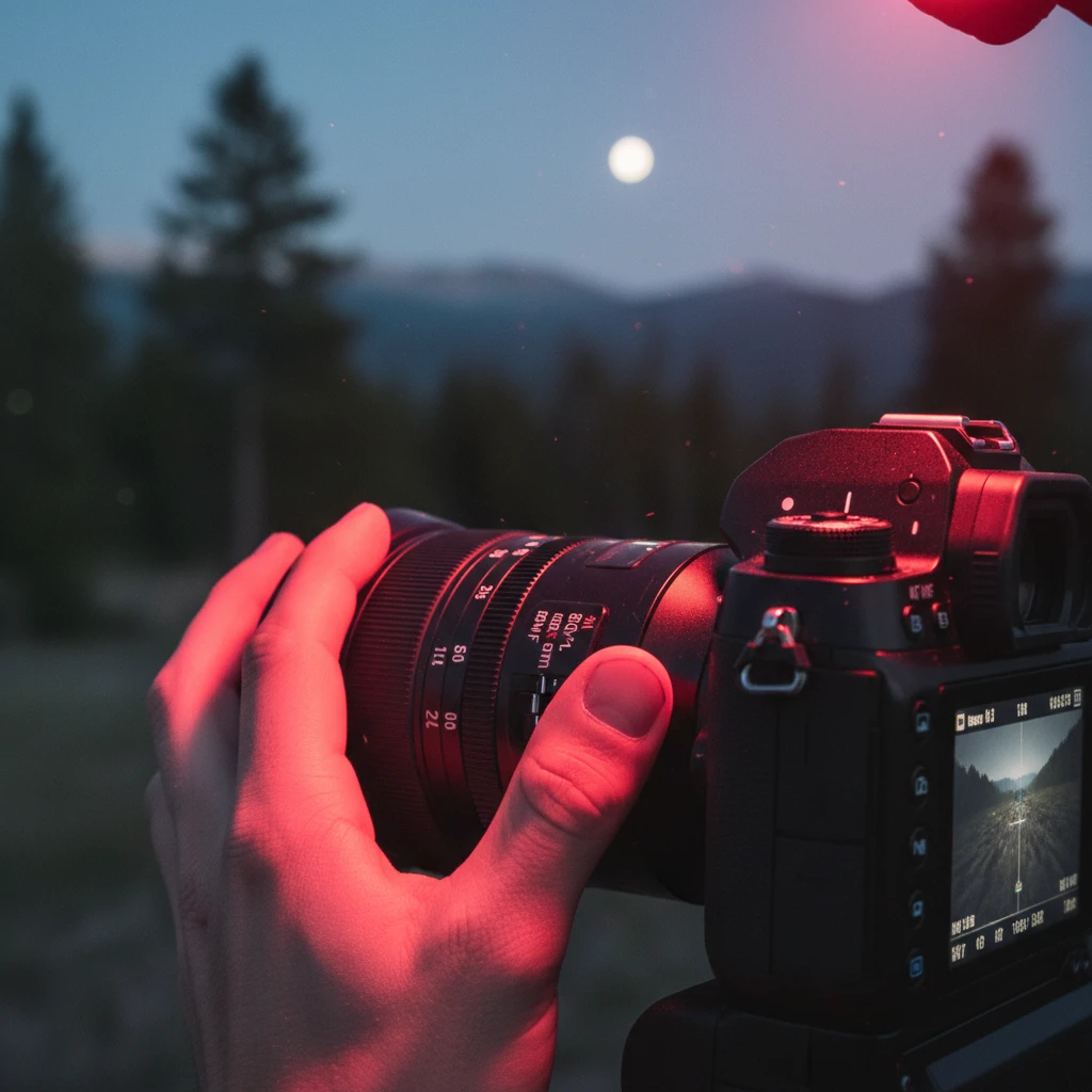 Adjusting manual focus on a camera lens for night sky photography