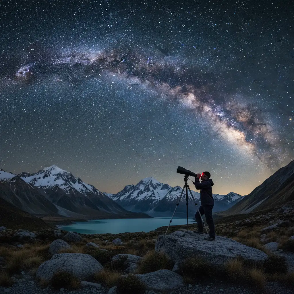 Stargazer using astronomy binoculars under the Milky Way in New Zealand