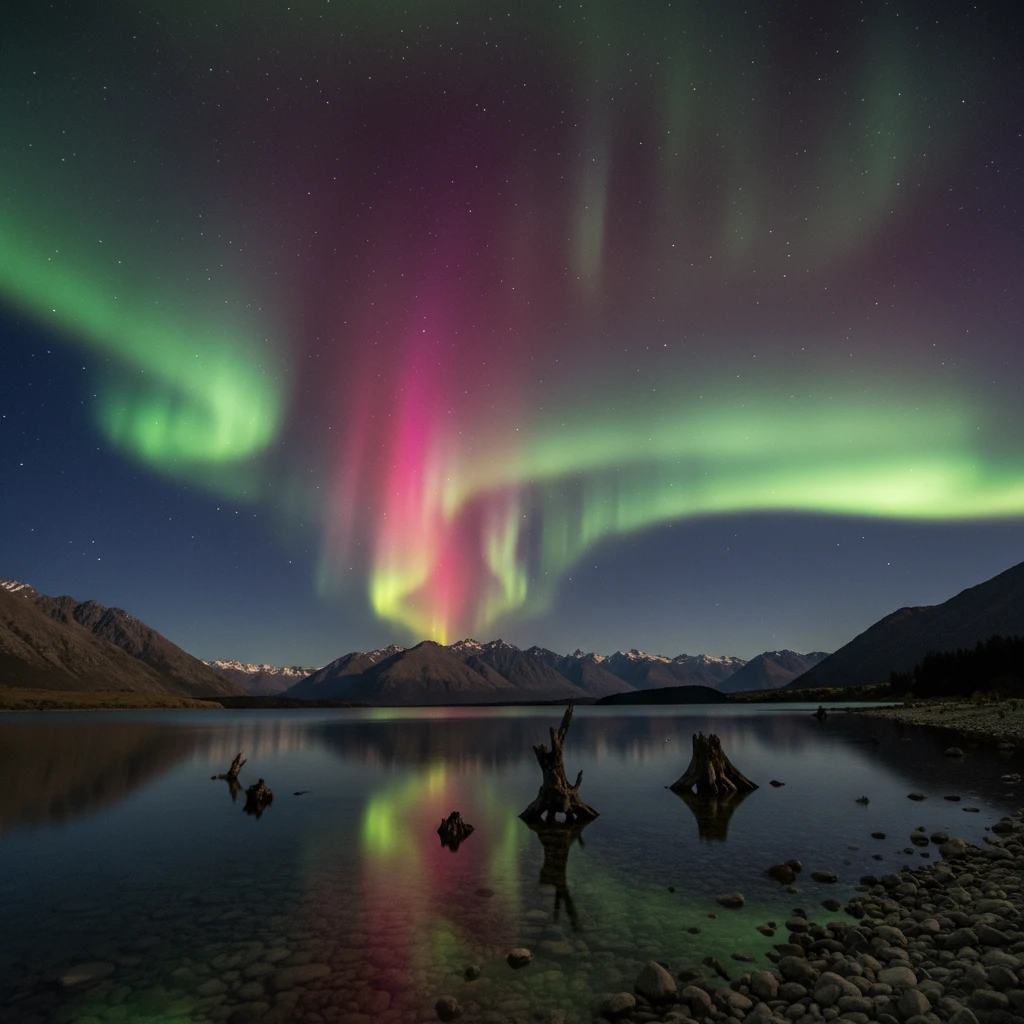 Aurora Australis over New Zealand landscape