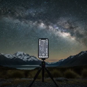 Smartphone running an astrophotography planning app with the Milky Way in the background