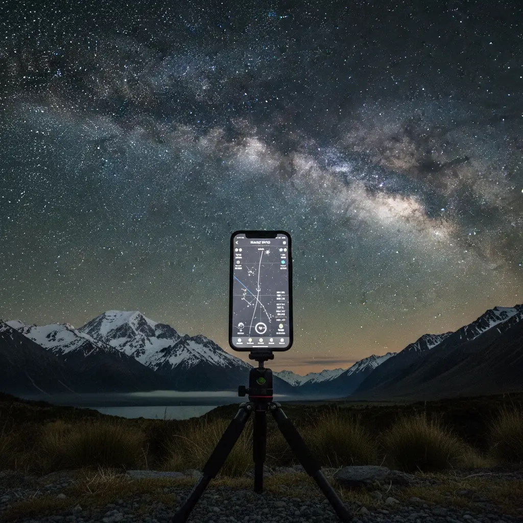 Smartphone running an astrophotography planning app with the Milky Way in the background