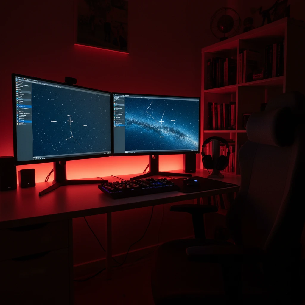 Desktop computer running Stellarium software for deep sky planning