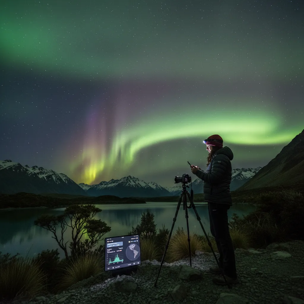 Photographer using an app to track the Aurora Australis in New Zealand