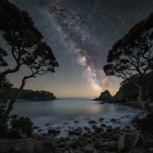 Milky Way galaxy visible over the coast of Great Barrier Island Dark Sky Sanctuary