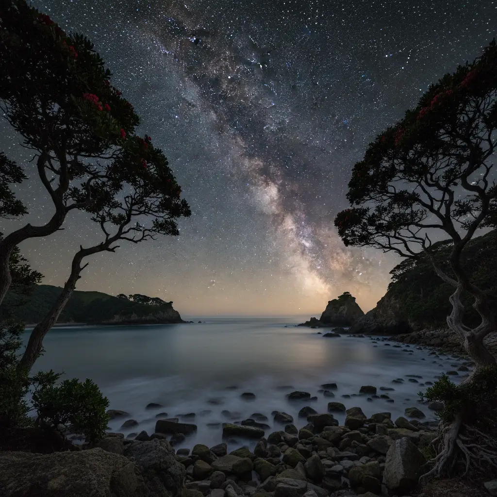 Milky Way galaxy visible over the coast of Great Barrier Island Dark Sky Sanctuary