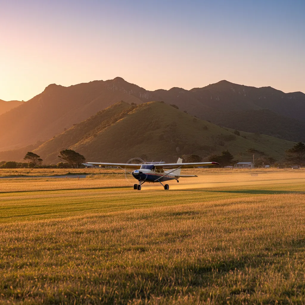 Barrier Air plane landing on Great Barrier Island grass airstrip