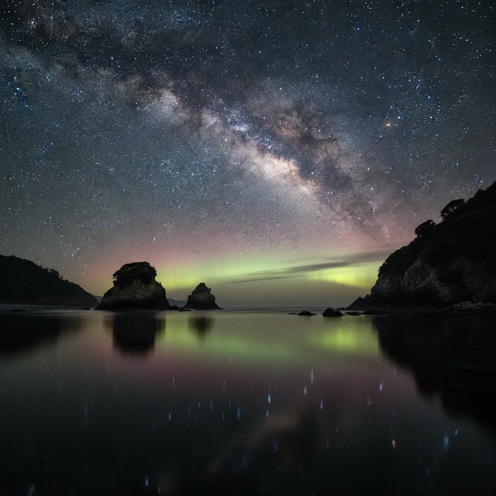Milky Way and Aurora Australis over Stewart Island coastline