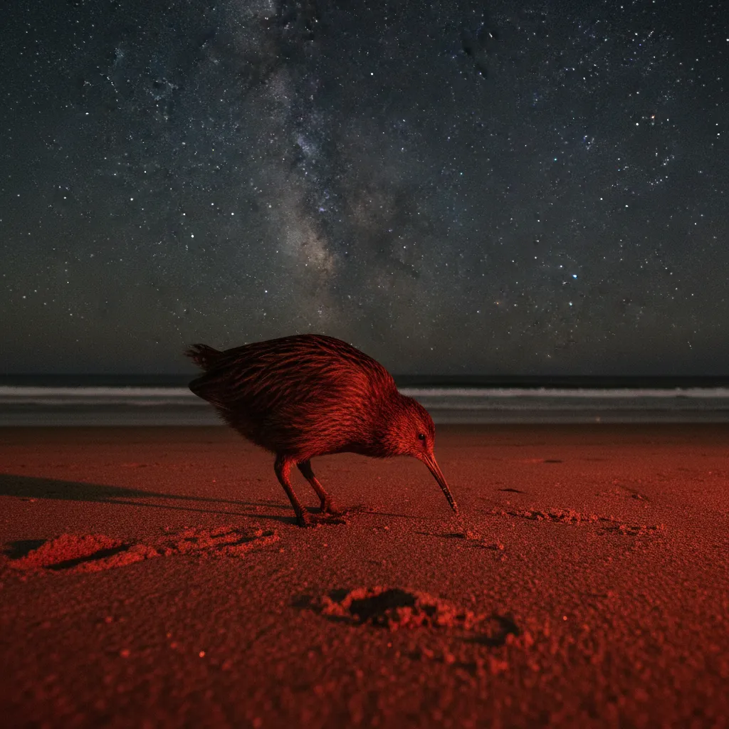Southern Brown Kiwi foraging at night on Stewart Island