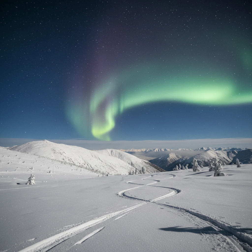 Aurora Australis over snowy ski slopes in Queenstown