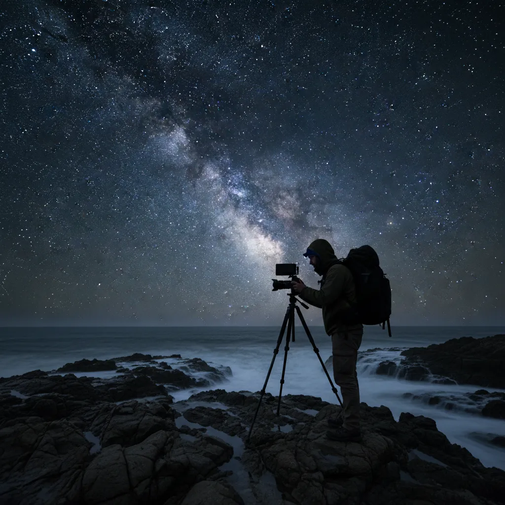Astrophotographer setting up gear for camping stargazing NZ