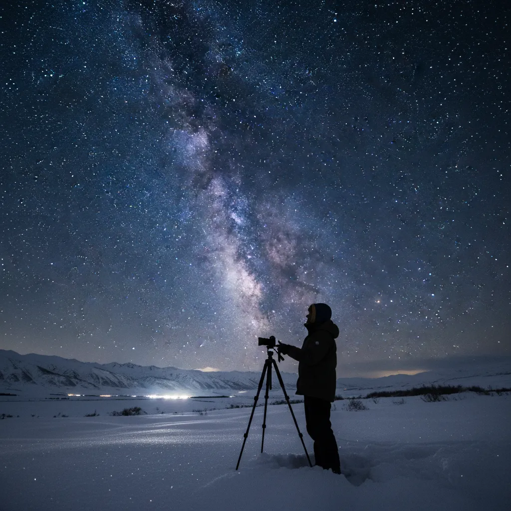 Photographer capturing the vertical Milky Way in winter