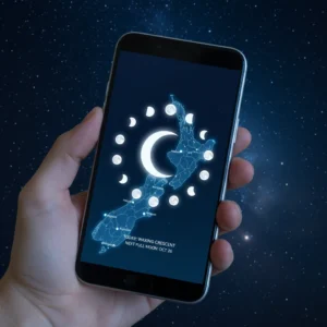 Smartphone displaying moon phase notification app against a dark sky
