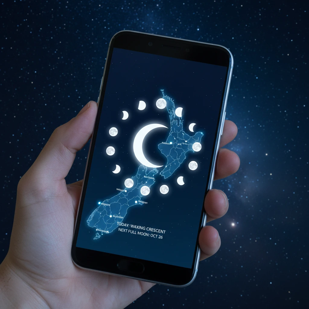 Smartphone displaying moon phase notification app against a dark sky