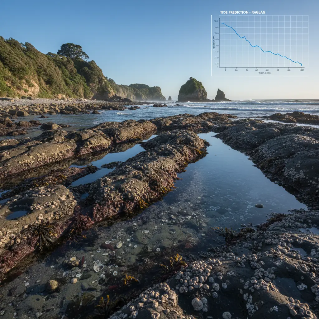 New Zealand coastline at low tide with tide chart visualization