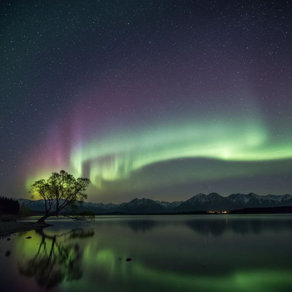 Aurora Australis over New Zealand landscape