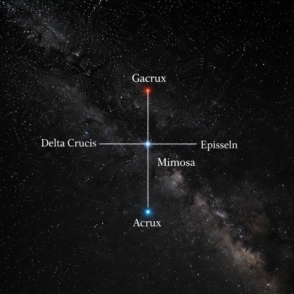 The Southern Cross Constellation Stars labeled in the night sky