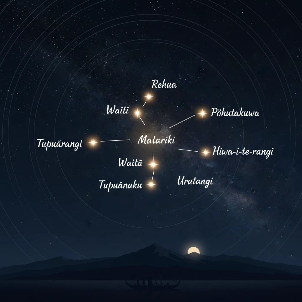 The nine stars of Matariki labeled in the night sky
