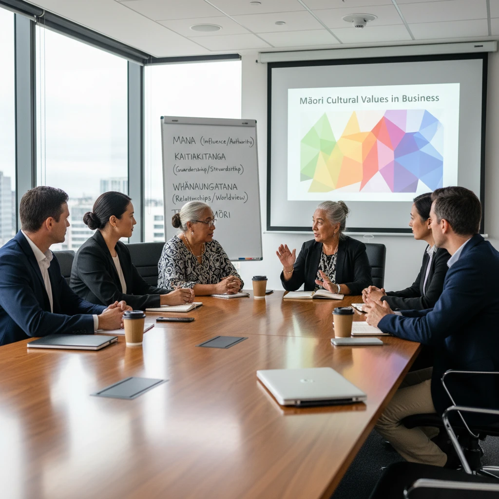 Business team discussing cultural etiquette and Māori values