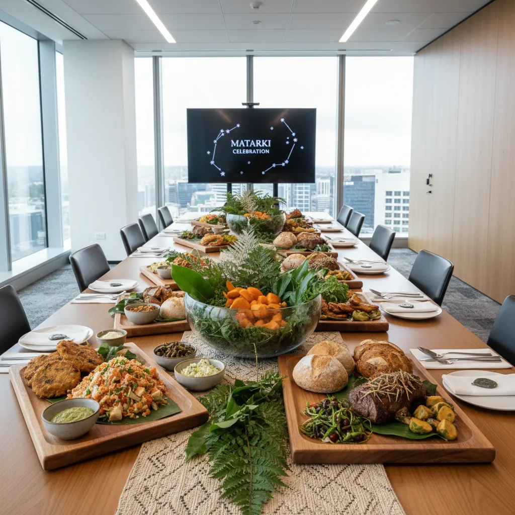 Corporate office boardroom set up for a Matariki shared lunch