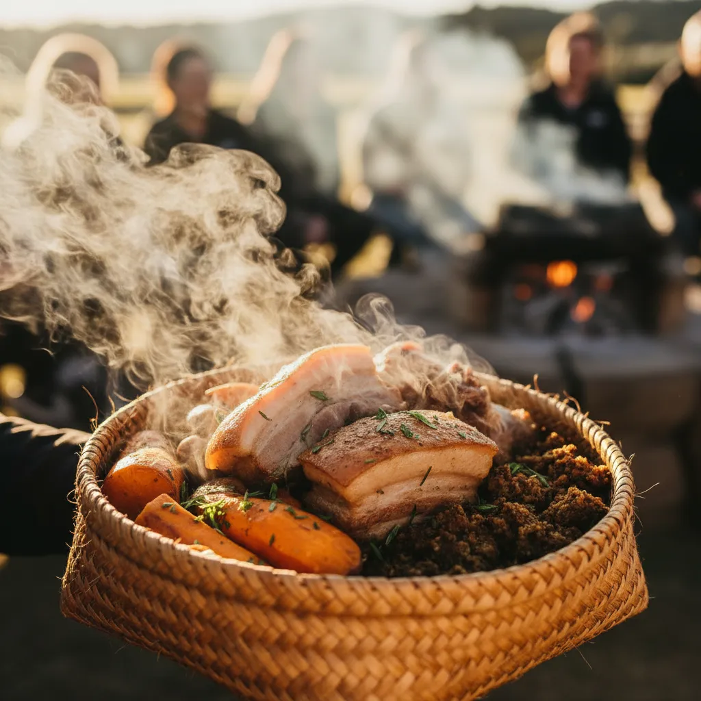 Traditional Hangi food basket with pork and vegetables