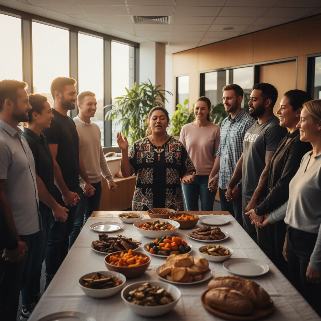 Office team performing karakia before Matariki lunch