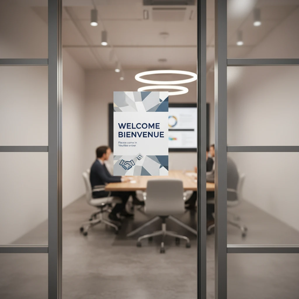 Bilingual greeting cheat sheet displayed in a corporate meeting room