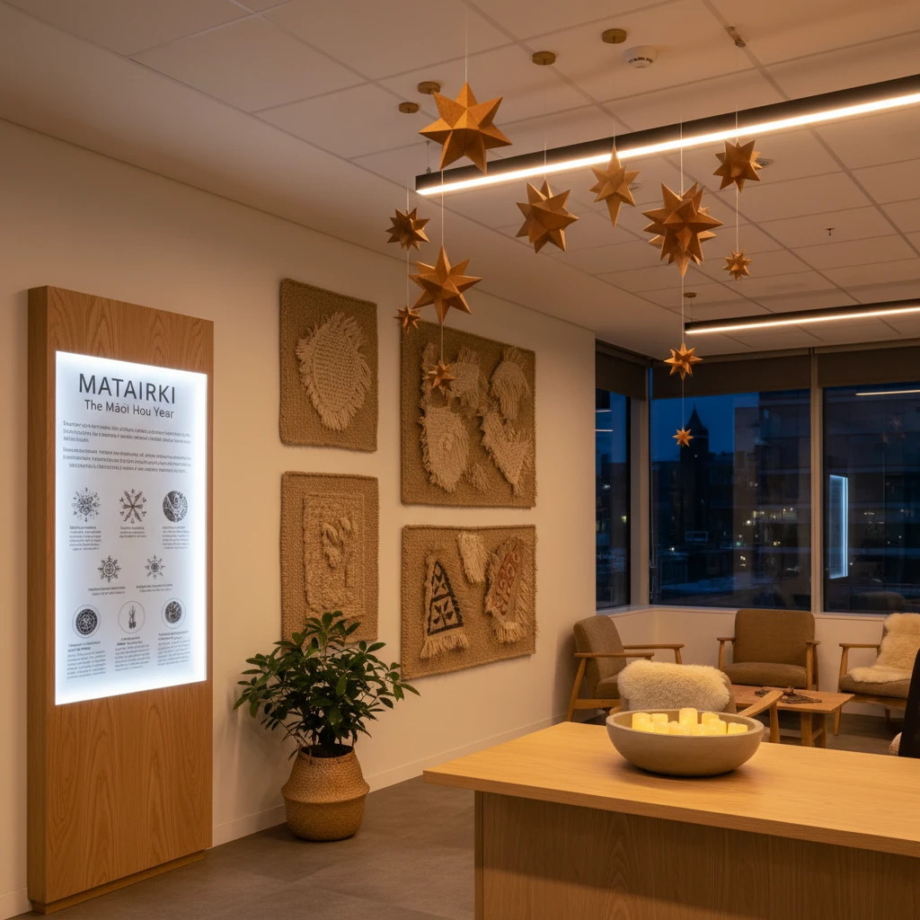 Modern office reception featuring authentic Matariki office decorations NZ