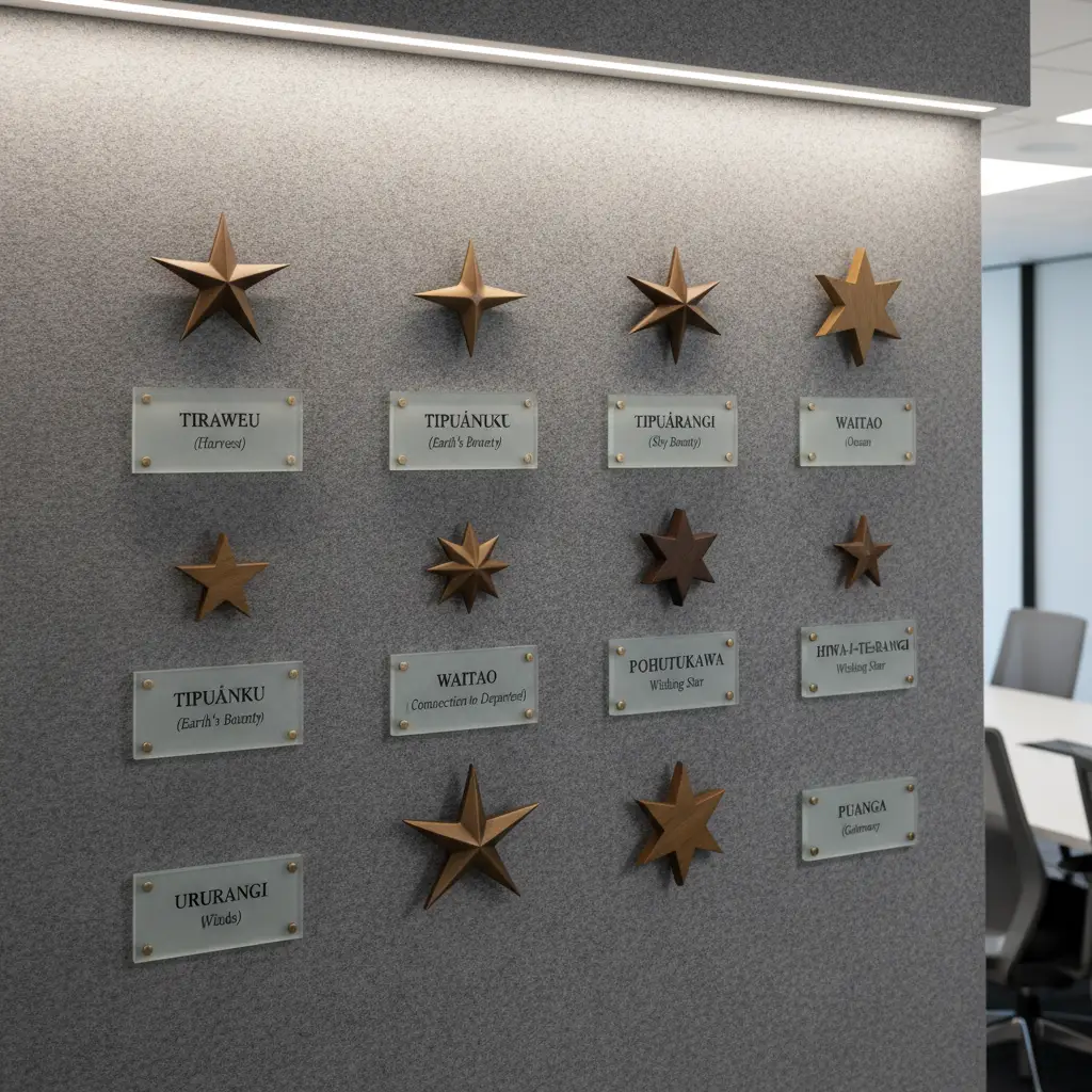 Educational wall display explaining the nine stars of Matariki