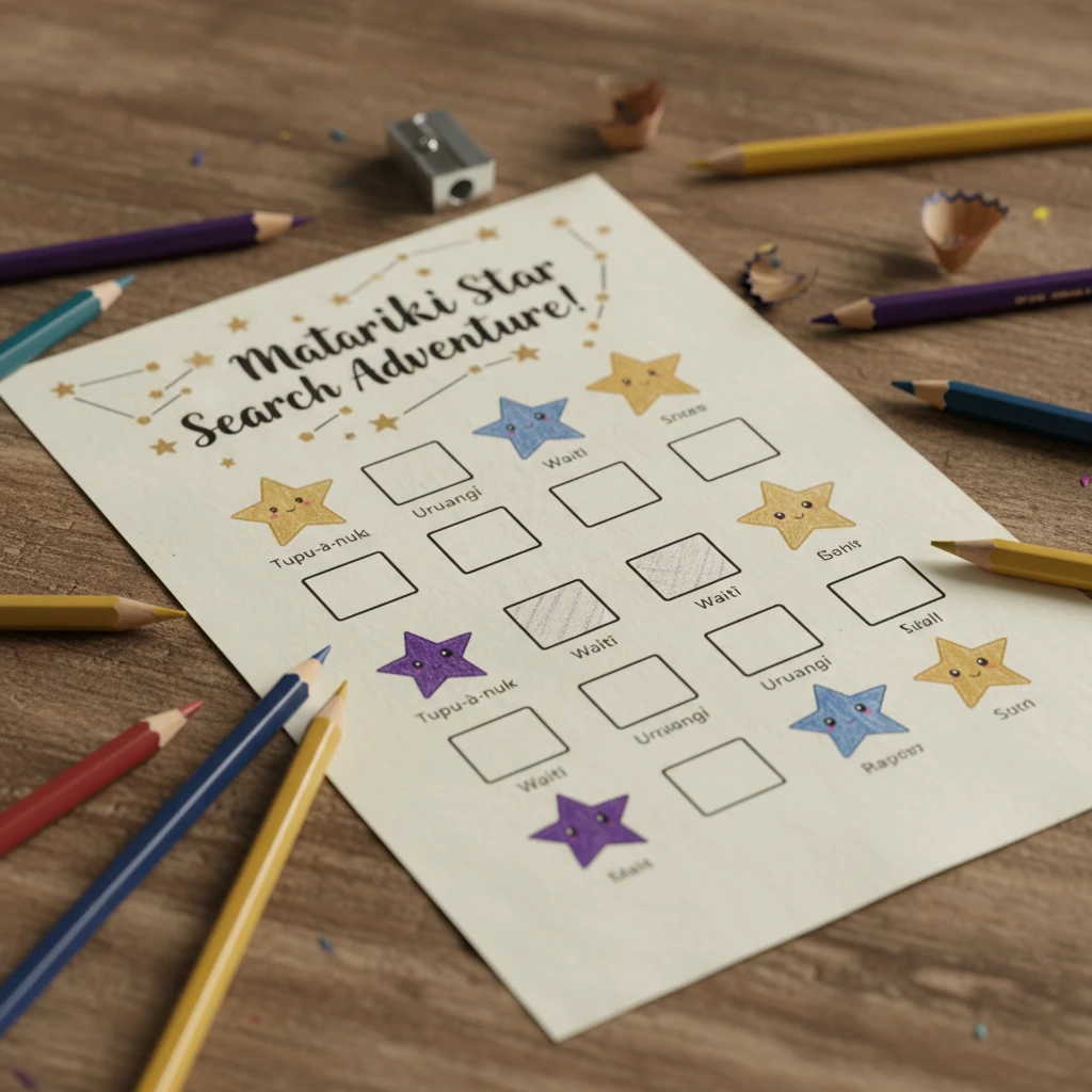 Printed Matariki scavenger hunt worksheet on table